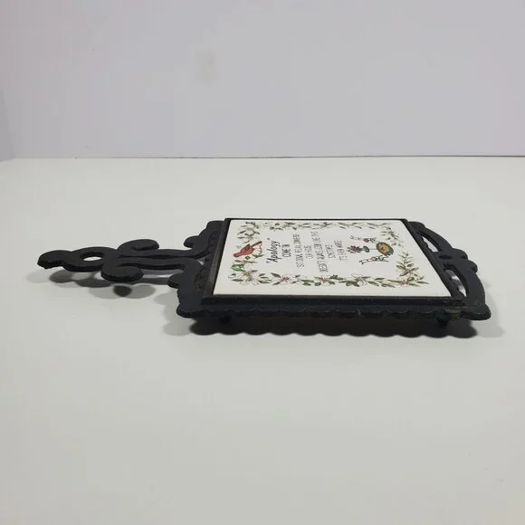 MCM Cast Metal Ceramic Tile Wall Plaque Trivet Vintage Apology Birds Flowers - Picture 12 of 14
